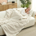 Amélie Home Luxury Striped Faux Fur Throw Blanket for Couch, Embossed Split Fur Cozy Fuzzy Fluffy Luxurious Soft Plush Sofa Chair Bed Gift Blankets for Women Men Wife Friend, 55"x70", Ivory