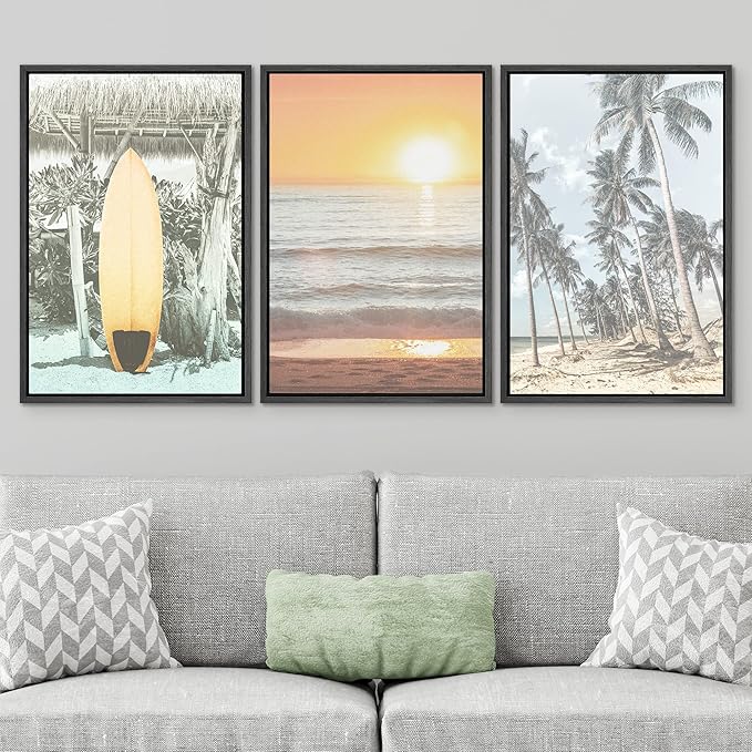 SIGNWIN Framed Canvas Print Wall Art Set Retro Sunset Hawaiian Surfboard Palm Trees Nature Wilderness Photography Modern Art Landscape Relax/Calm for Living Room, Bedroom, Office - 16"x24"x3 Black