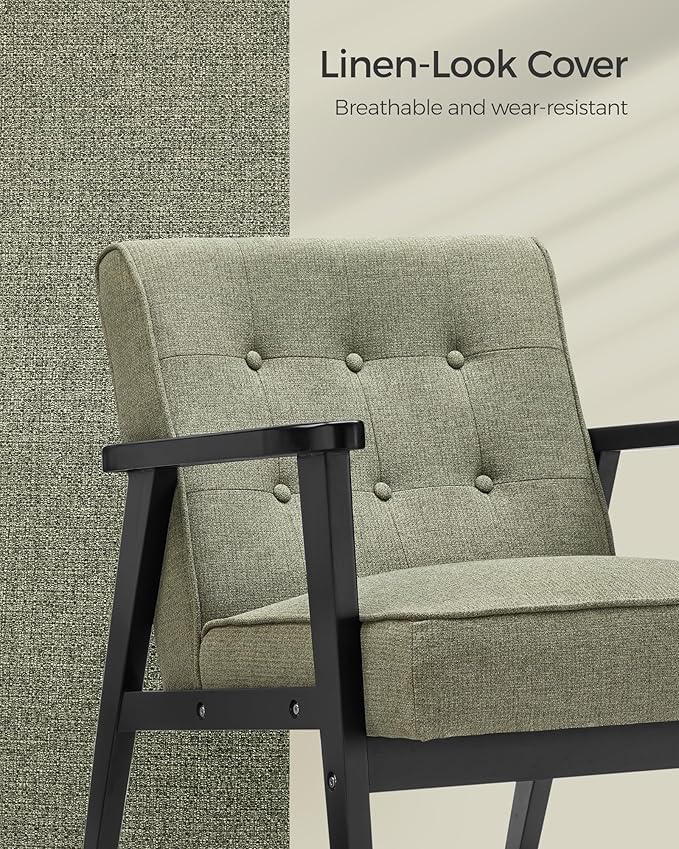 SONGMICS Accent Leisure Chair, Mid-Century Modern Arm Chair with Solid Wood Armrests and Legs, 1-Seat Cushioned Sofa for Living Room Bedroom Balcony Studio, Olive Green ULAC001C01