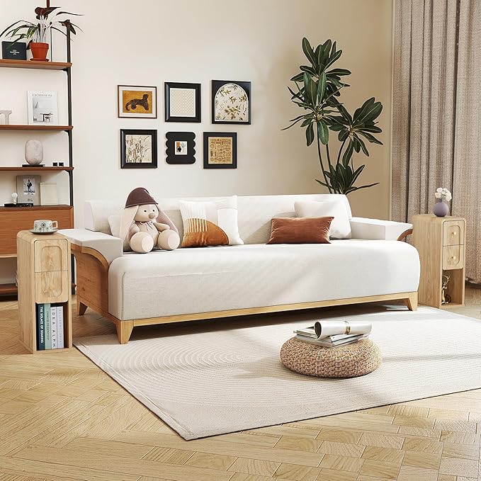 Narrow Nightstand with 2 Drawers, Small Bedside Tables, Mid-Century Modern Slim Night Stand with Storage, Wooden End Table for Small Spaces, Bedroom, Living Room (Natural-1PCS)