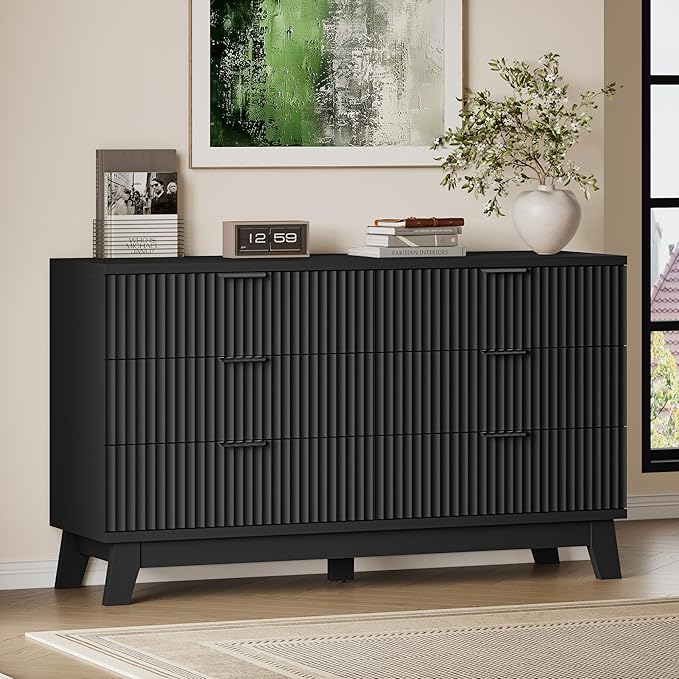 53" Long Dresser for Bedroom, 6-Drawer Dresser with Fluted Fronts, Wide Wood Chest of Drawers, Smooth Metal Slides, Stable Base, Modern Clothes Storage Cabinet for Living Room, Hallway