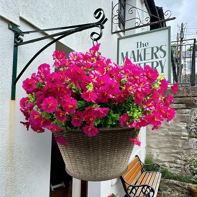 Artificial Flowers for Outdoors Spring Summer Decoration, 16 Bundles Fake Silk Realistic Morning Glory UV Resistant Faux Plastic Plants for Planter Front Door Porch Patio Yard (Fuchsia)