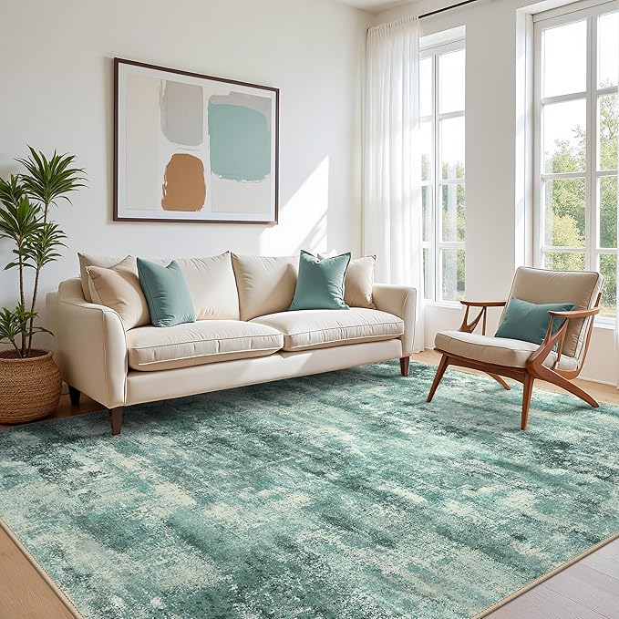 Area Rugs 10x12 for Living Room Bedroom, Modern Splash Abstract Machine Washable Rug, Large Soft Low Pile Floor Cover with Non Slip Backing for Dining Room, Teal Green