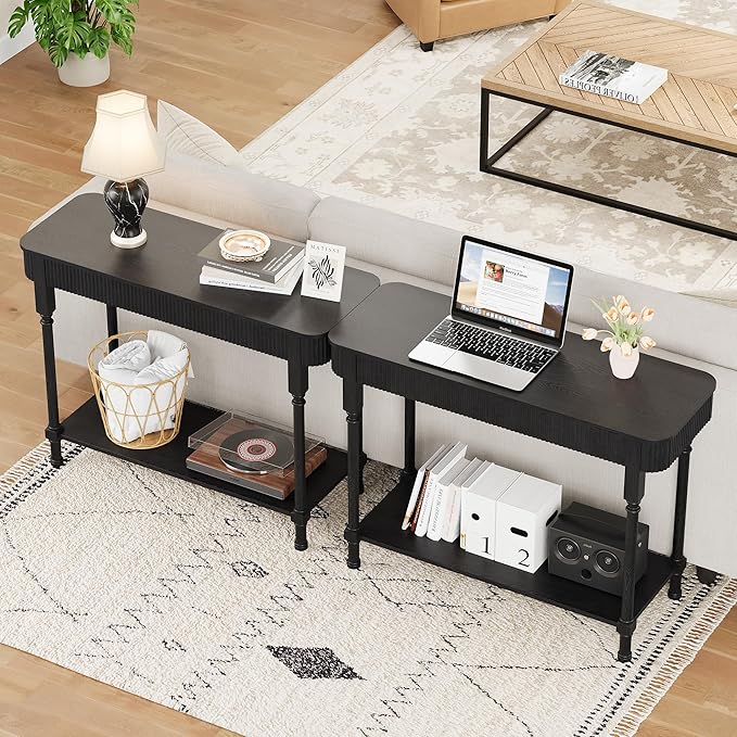 43.3”Console Table with 2 Drawers, Modern Retro Entryway Table with Fluted Panel & Storage Shelf, Narrow Wood Behind Couch Sofa Table for Living Room, Foyer, Hallway(Black)