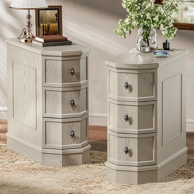 Nightstand Set of 2 with Charging Station, Vintage Wood End Table with 3 Drawer, Victoria Narrow Side Table, Slim Bedside Tables for Bedroom, Pre-Installation, Light Gray