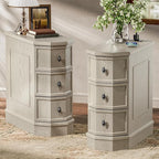 Nightstand Set of 2 with Charging Station, Vintage Wood End Table with 3 Drawer, Victoria Narrow Side Table, Slim Bedside Tables for Bedroom, Pre-Installation, Light Gray