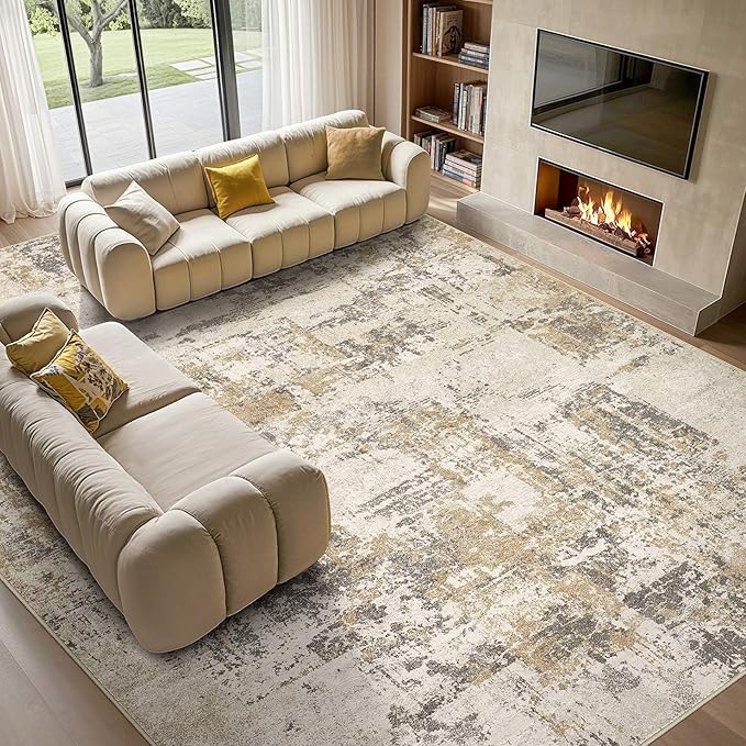 Tortania Washable 10x14 Area Rug for Living Room: Modern Abstract Neutral Large Soft Thin Rugs - Non Slip Indoor Carpet for Bedroom Dining Room Office Nursery Home Floor Decoration - Beige/Brown/Gray
