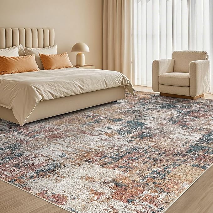 Tortania Washable 7x9 Area Rug for Living Room: Modern Abstract Neutral Large Soft Thin Rugs - Non Slip Indoor Carpet for Bedroom Dining Room Office Nursery Home Floor Decoration - Colorful Multi