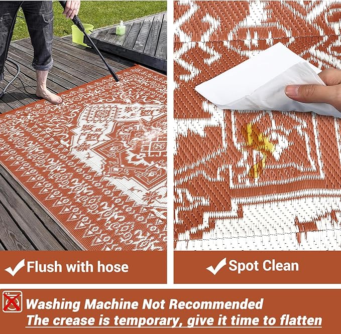 GAOMON Extra Large Outdoor Rug 10x20 Waterproof Plastic Straw Rug Reversible Vintage Patio Carpet, Portable Picnic Camping Mat with Bag & Stakes, Outside Carpet for Balcony Garden Yard, Orange Red