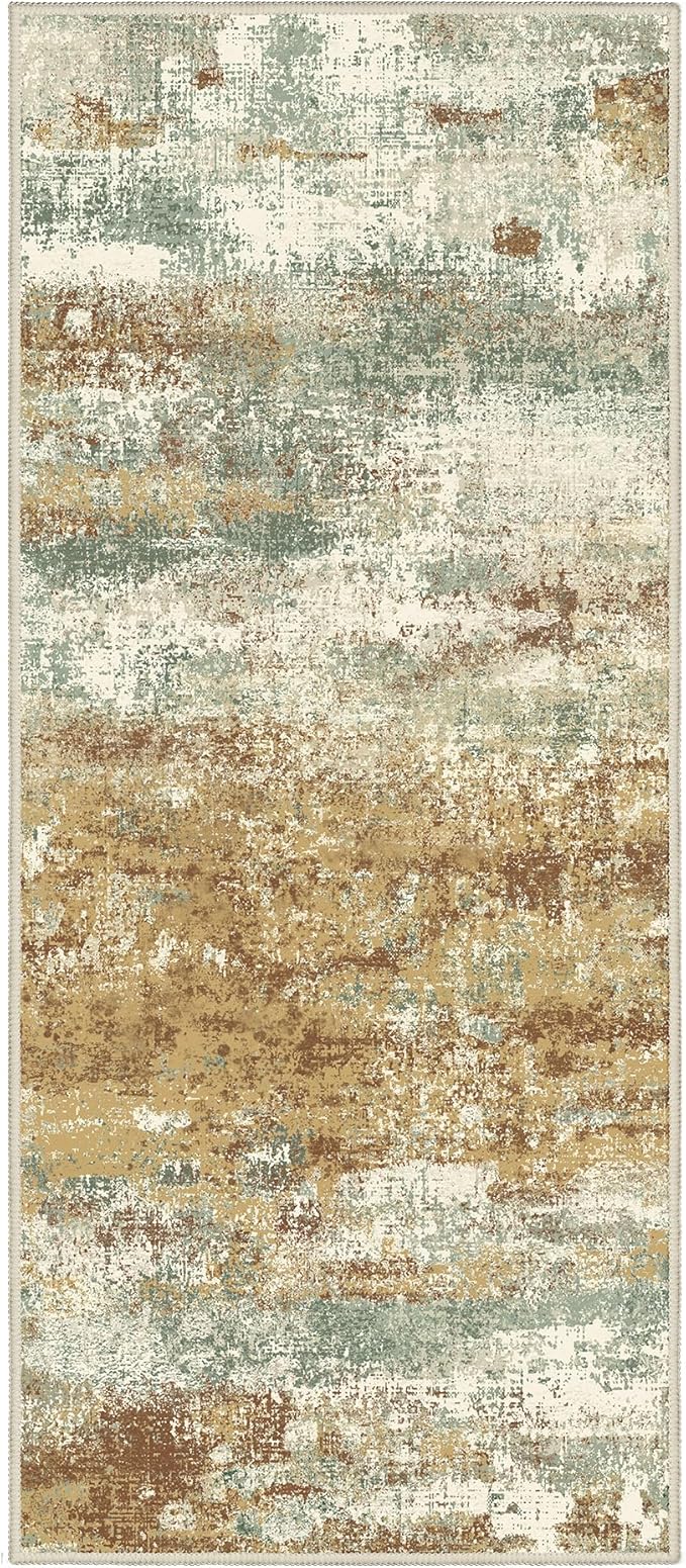 Runner Rug for Hallway Kitchen, 2'6"x6' Machine Washable Runners Rug for Entryway, Soft Modern Abstract Throw Rugs, Low Pile Floor Cover with Non Slip Backing, Orange Green