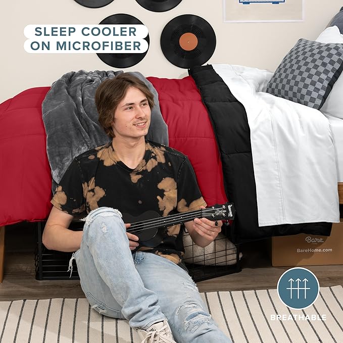 Bare Home Twin/Twin Extra Long Comforter - Reversible Colors - Goose Down Alternative - Ultra-Soft - Premium 1800 Series - All Season Warmth - Bedding Comforter (Twin/Twin XL, Black/Red)