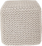 REDEARTH Square Pouf Ottoman Foot Stool - Hand Knitted Bean Bag - Cord Boho Pouffe - Accent Poof for Living Room - Nursery - Bedroom - Kids Bedroom - Patio - 100% Cotton (16" x 16" x 16") - Ivory