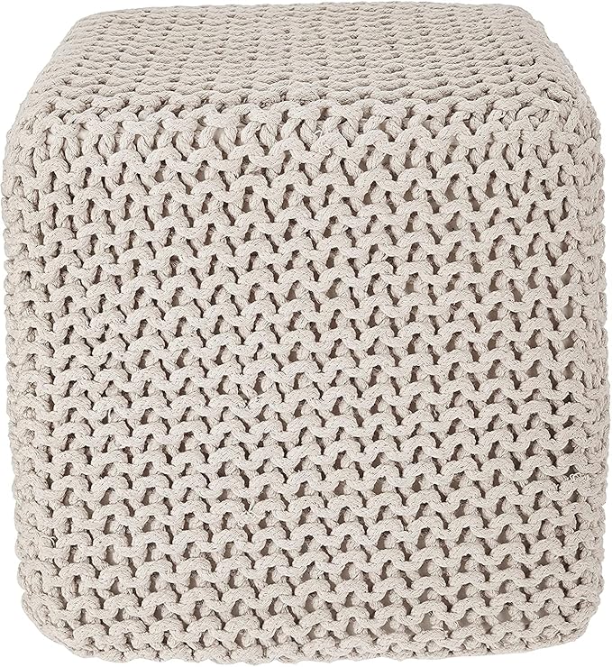 REDEARTH Square Pouf Ottoman Foot Stool - Hand Knitted Bean Bag - Cord Boho Pouffe - Accent Poof for Living Room - Nursery - Bedroom - Kids Bedroom - Patio - 100% Cotton (16" x 16" x 16") - Ivory