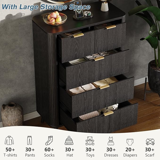 Alohappy Black Fluted Dresser with 5 Drawer and Charging, 48" Tall Mid Century Modern Chest of Drawers with Curved Profile Design, Wood Storage Dressers