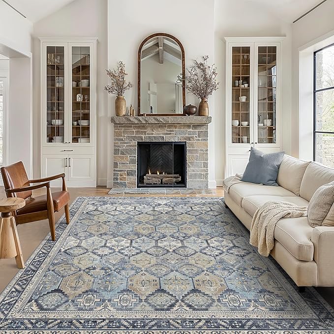 GENIMO 9x12 Area Rugs for Living Room, Machine Washable Non Slip Vintage Rugs, Low Pile Lightweight Chenille Print Rug for Bedroom, Dining Room, Home Office, Brown Blue