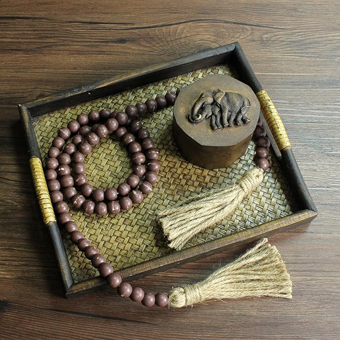 CVHOMEDECO. Wood Beads Garland with Tassels Farmhouse Rustic Wooden Prayer Bead String Wall Hanging Accent for Home Festival Decor. Brown Distressed