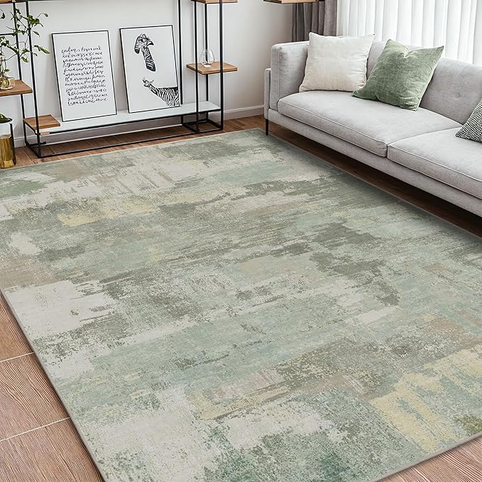 Area Rugs 8x10 for Living Room Bedroom, Modern Abstract Machine Washable Large Soft Sage Green Rug, Low Pile Floor Carpet with Non Slip Backing for Dining Room, Light Sage Mint Green