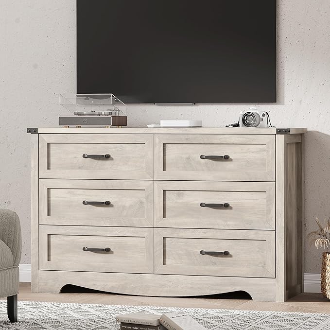 Dresser for Bedroom with 6 Drawers, 48" Wide Wood Chest of Drawers with Deep Drawers & Mental Handle, Modern Dresser TV Stand, Wooden Closet Storage Organizer for Living Room, Hallway, Entryway, Grey
