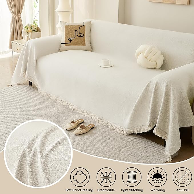 Boho Washable Sofa Cover, Water and Stain Resistant Couch Cover for 2 Cushion Sofa, Solid Beige Pet-Friendly Sofa Slipcover, Super Stretch Recliner Cover Living Room Decor, 71"x118"