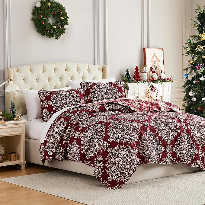 Southshore Fine Living King Size Christmas Quilt with 2 Pillow Shams - Reversible Plaid Coverlet - Red Plaid
