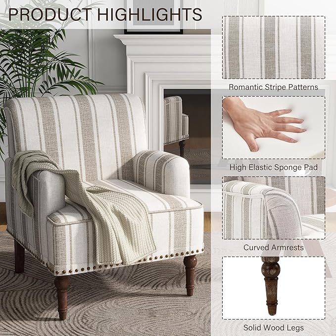UIXE Stripe Accent Chairs Set of 2, Living Room Arm Chair Modern Nailhead Trim Club Armchair, Comfy Upholstered Sofa Lounge Seat Reading Seat Bedroom Side Seating for Home Office, Brown