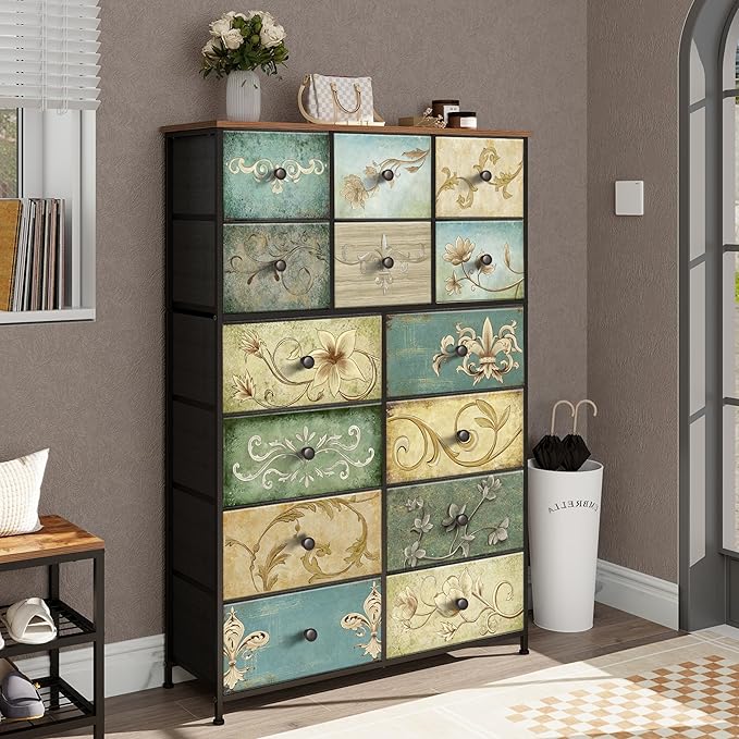 Tohomeor Dresser with Drawers for Bedroom Chest of Drawers Fabric Dresser for Closet,Nursery Entryway Hall Tree TV Stand for Living Room Retro Floral Pattern Drawers Wooden Top (14 Drawers)