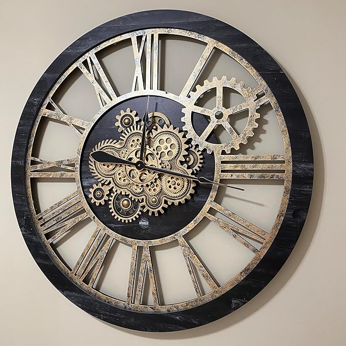 The Gears Clock 36'' Inch Real Moving Gear Wall Clock Vintage Industrial Oversized Rustic Farmhouse (Vintage Black Wood and Bronze)