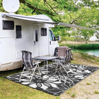GENIMO Outdoor Rug Waterproof for Patio Decor, 8' x 10' Reversible Plastic Straw Floral Camping Carpet, Large Area Rugs Mats for RV, Camper, Deck, Balcony, Porch, Beach, Picnic, Black & White
