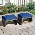 Tangkula 2 Pieces Patio PE Rattan Ottomans, Multipurpose Outdoor Footstool Footrest Additional Seating Side Table with Soft Zippered Cushions for Deck, Garden, and Yard (Navy Blue)