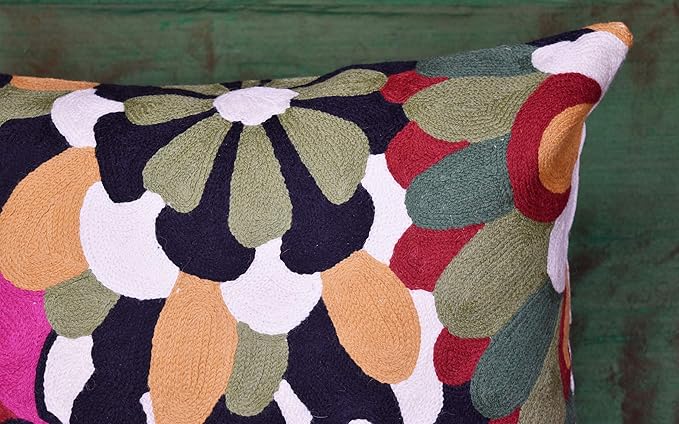 Black Daisy Floral Pillow Cover Flower Pillowcase Outdoor Suzani Accent Cushion Traditional Chair Cushions Hand Embroidered Wool Size - 18x18