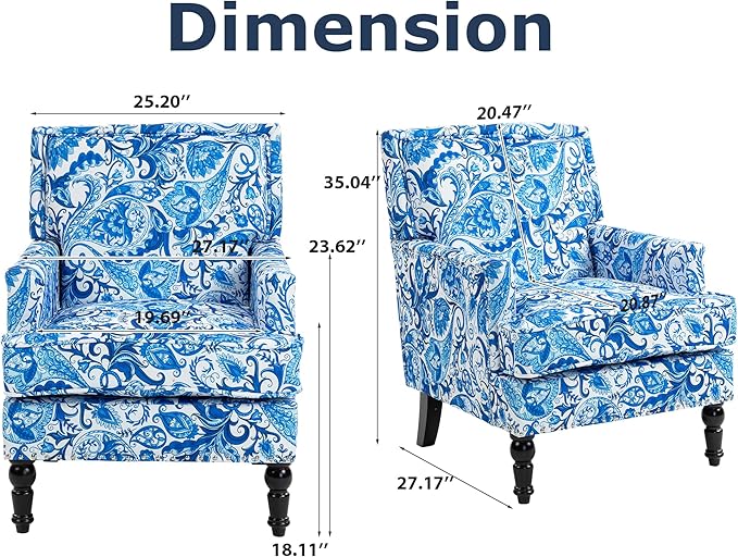 Accent Chair, Modern Comfy Mid-Century Anthropologie Accent Chairs, Linen Upholstered Wingback Lounge Arm Chair with Solid Wood,Single Floral Pattern Chair for Living Room/Balcony/Bedroom