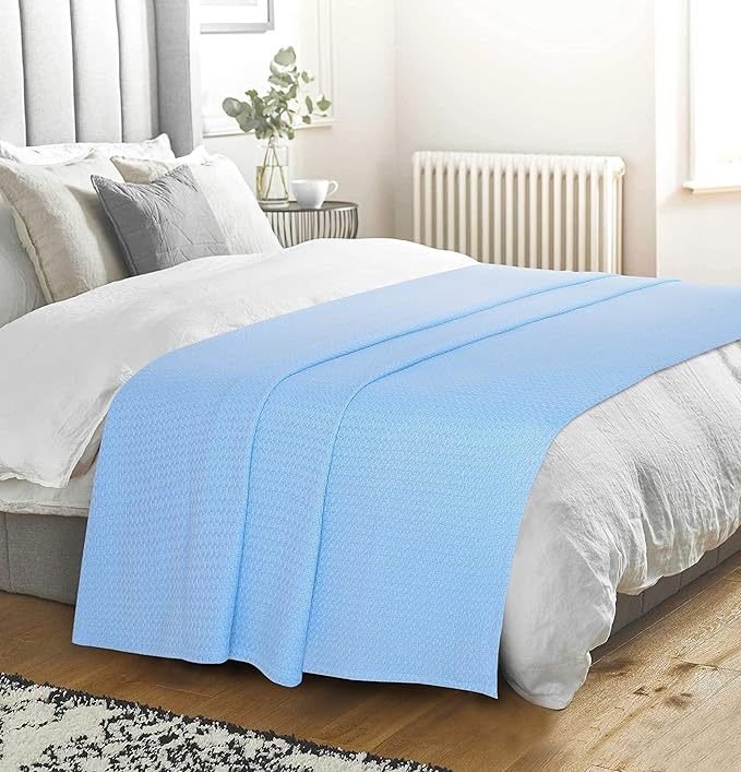 Elvana Home 100% Cotton Bed Blanket, Breathable Bed Blanket Full - Queen Size, Cotton Thermal Blankets Full - Queen, Perfect for Layering Any Bed for All Season, Light Blue