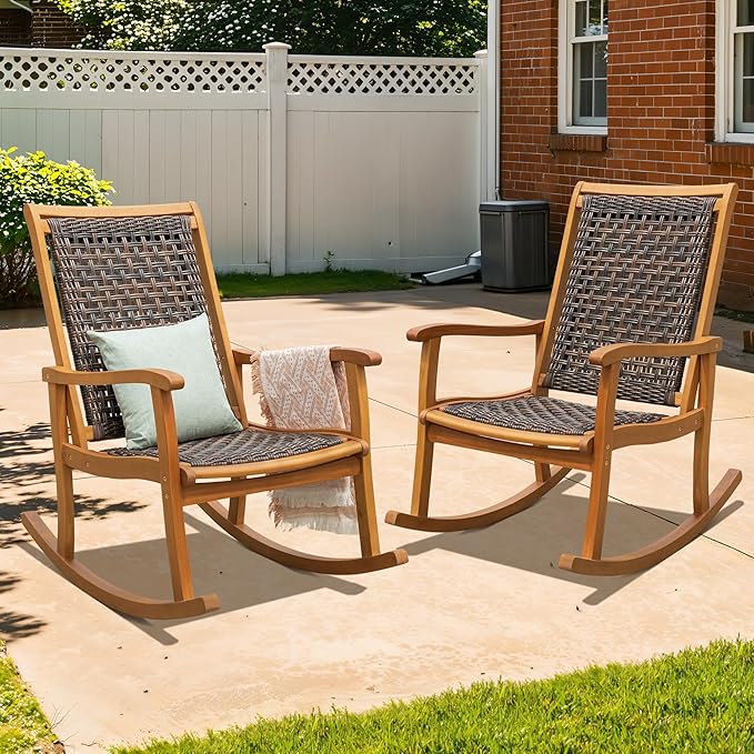 Idzo Wood Wicker Rocking Chair, 400 lbs Capacity, Durable Eucalyptus Wood, Natural Finish, Comfortable Curvy Design, Ideal for Deck, Patio Furniture, Teak Outdoor Furniture, Set of 2