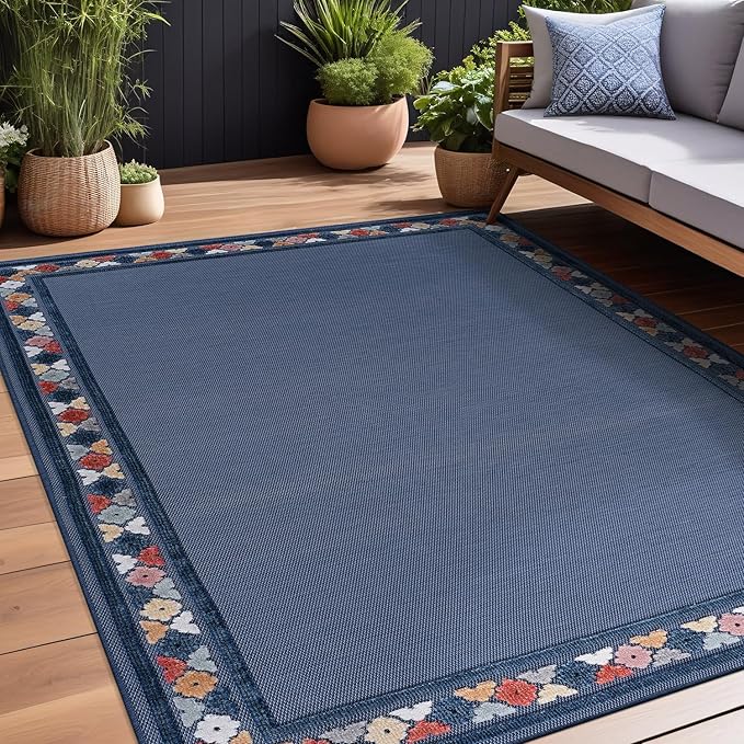 Beverly Rug Outdoor Rug 6x9 Modern Bordered Area Rugs for Indoor and Outdoor Patio Easy to Clean Non Shedding Living Room Porch Garden Washable Outside Carpet (6 x 9 Blue)