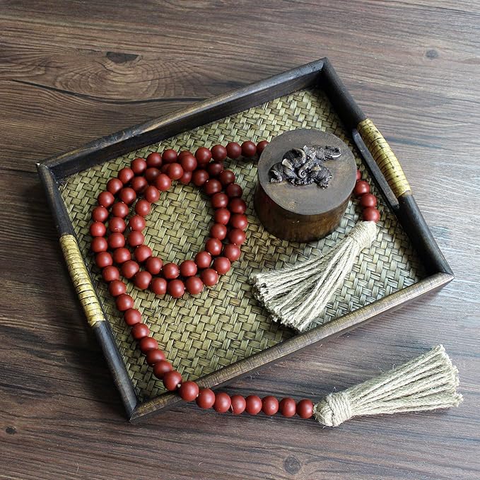 CVHOMEDECO. Wood Beads Garland with Tassels Farmhouse Rustic Wooden Prayer Bead String Wall Hanging Accent for Home Festival Decor. Burgundy