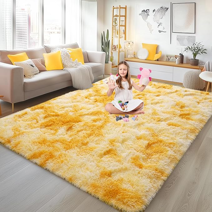 Soft Fluffy Rug for Living Room, 4x6 Tie-Dyed Yellow Shag Area Rug for Bedroom Living Room, Non-Slip Fuzzy Carpet for Girls Boys Kids, Throw Rugs for Dorm, Modern Home Decor Aesthetic