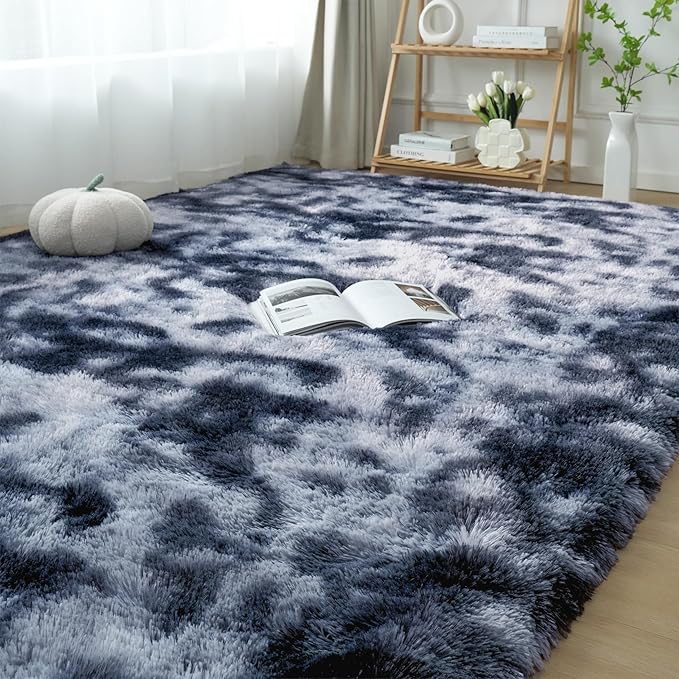 Fluffy Area Rug Living Room: Grey Shag Rug 6x9 Plush Rugs for Living Room - Large Fuzzy Soft Carpet (Tie-Dyed Dark Gray, 6x9 Feet)