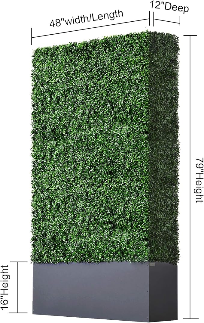 AGPL Upgraded Artificial Boxwood Hedge Wall with Dark Gray Stainless Steel Planter Box (79" Height 48" Width 12" Deep) Room Divider and Privacy Wall (79)