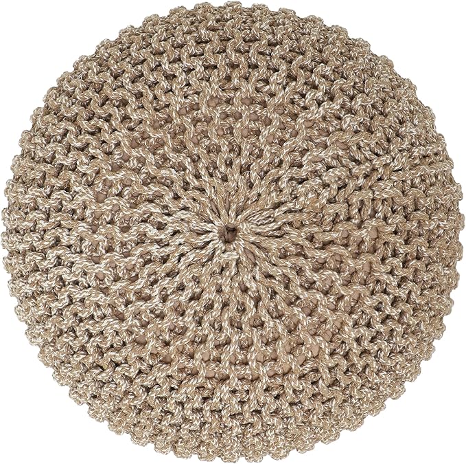 REDEARTH Round Pouf Ottoman - Hand Knitted Cable Boho Poof Home Décor Pouffe Circular Footrest for Living Room - Nursery - Bedroom - Lounge 100% Cotton (18”x18”x14”) - Beige Ivory
