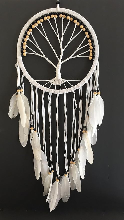 OMA Dream Catcher, Tree of Life Design with Feathers and Beads, White Suede Authentic Traditional Dream Catcher Boho Home Decor Bedroom Decoration Gift - Large Size - 36" Long x 11" Diameter (Black)