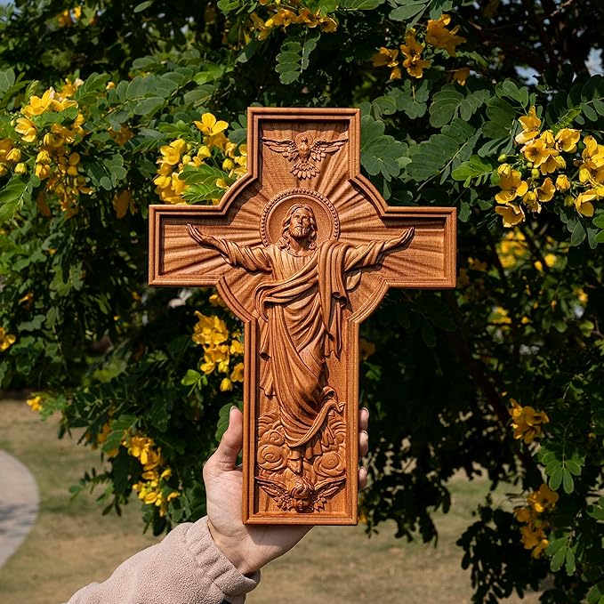 BGCOPPER Jesus Crucifix Wall Cross Handmade Wooden Cross for Wall Decor for Home Room Christmas Gift