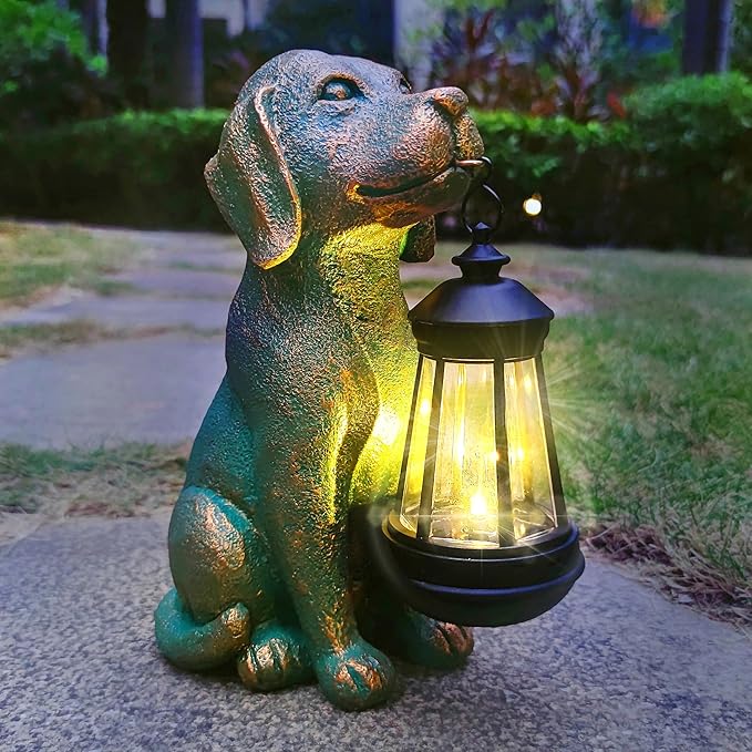 Dog Garden Statues with Solar Lantern Outdoor Decor-Dog Solar Figurines Lights Decorations for Patio Yard Lawn Ornaments-Gifts for Birthday Easter Housewarming