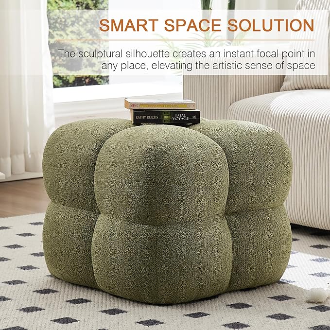 Zesthouse Square Pouf Ottoman Footstool, Modern Ottoman Coffee Table for Living Room, Poofy Boucle Stool Foot Rest, Upholstered Tufted Stool for Couch, Cube Vanity Chair Backless for Bedroom, Green