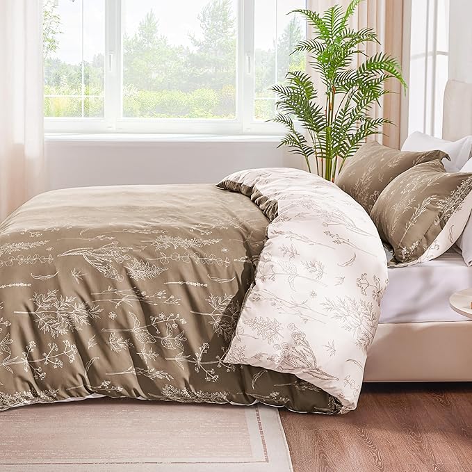 Love's cabin Light Taupe Full Comforter Set - Full Size Comforter Set, 3 Pieces Cute Floral Bedding Sets for All Seasons,1 Soft Reversible Botanical Flowers Comforter and 2 Pillow Shams