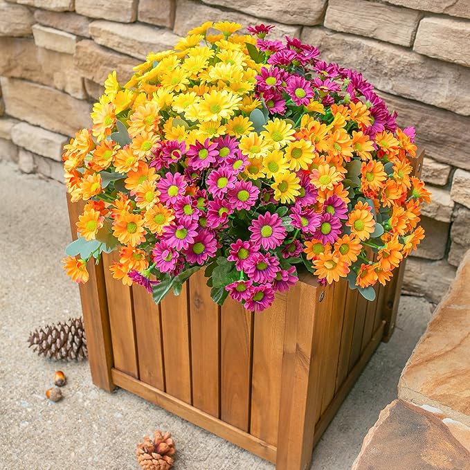 Daisy Artificial Flowers for Outdoors Fall Autumn Decoration, 6 Bundles Fake Mums Silk Flowers for Outside Look Real UV Resistant Fake Plants Faux Flowers for Planter Front Door Home Indoor Porch, Mix
