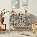 SIGNWIN Sideboard Buffet Cabinet, Kitchen Storage Cabinet with 2 Doors, Geometric Floral Botanical, Cupboard Console Table for Dining Room - 35" L x 18" W x 29" H