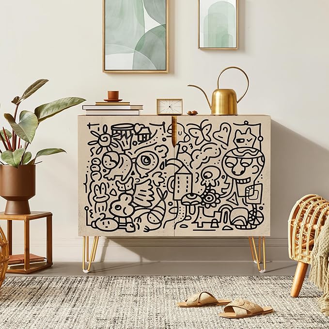 SIGNWIN Sideboard Buffet Cabinet, Kitchen Storage Cabinet with 2 Doors, Geometric Floral Botanical, Cupboard Console Table for Dining Room - 35" L x 18" W x 29" H