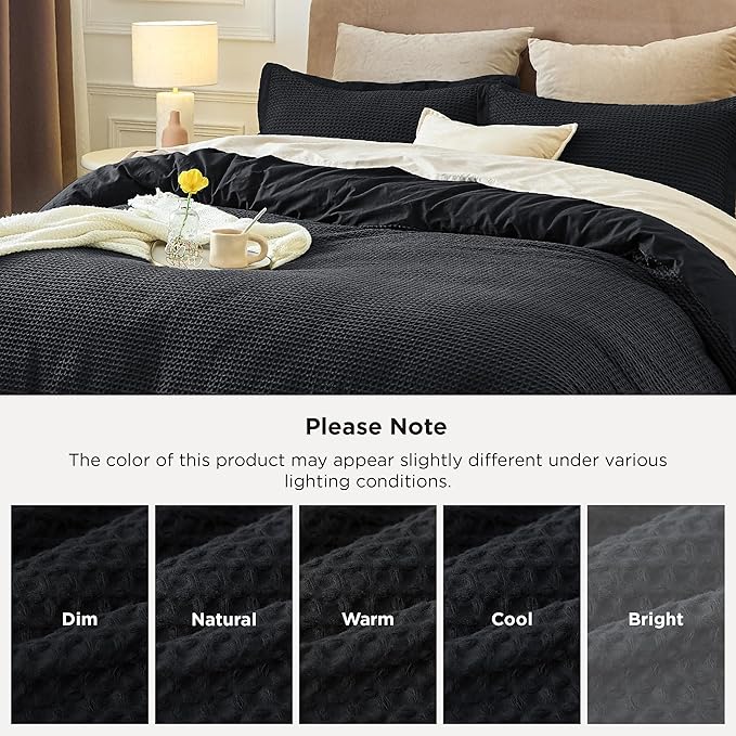 Bedsure Cotton Duvet Cover Set - 100% Cotton Waffle Weave Black Duvet Cover California King, GentleSoft™ and Breathable Cal King Bedding Set for All Season, 3 Pieces, 104"x98"
