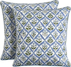 Ridhi Light Steel Blue Block Print Cotton Throw Pillow Covers for Decorative Couch Pillows for Living Room, Chic Boho Cute Outdoor Valentine Pillows Covers Gifts 18x18 Inches