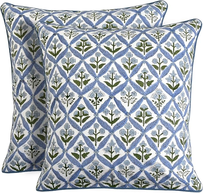 Ridhi Light Steel Blue Block Print Cotton Throw Pillow Covers for Decorative Couch Pillows for Living Room, Chic Boho Cute Outdoor Valentine Pillows Covers Gifts 18x18 Inches